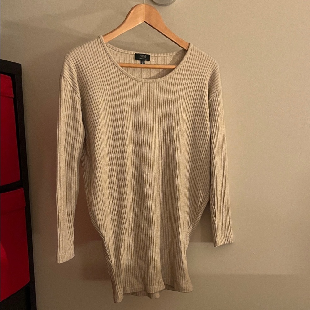 Ribbed Long Sleeve Tunic Top - Beige